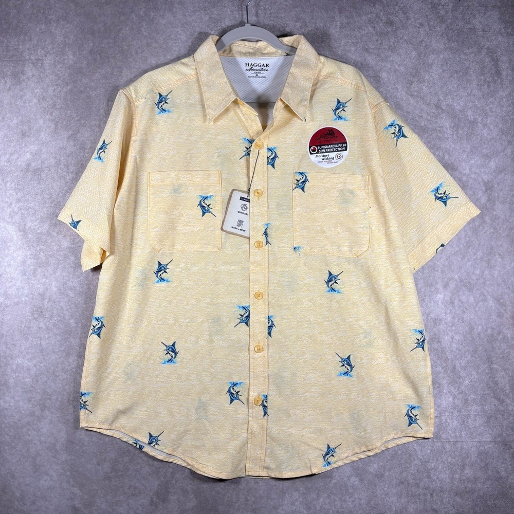 Haggar Adventure Shirt Mens Size XL Yellow Marlin Fish Print Button Up UPF20 NEW